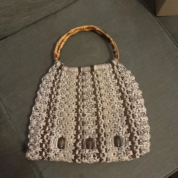 Chic Crochet Shoulder Bag with Bamboo Handle - Picture 2 of 6